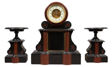 Three Piece French Marble Garniture Clock Set, late 19th c., Clock- H.- 20 in., W.- 15 in., D.- 7