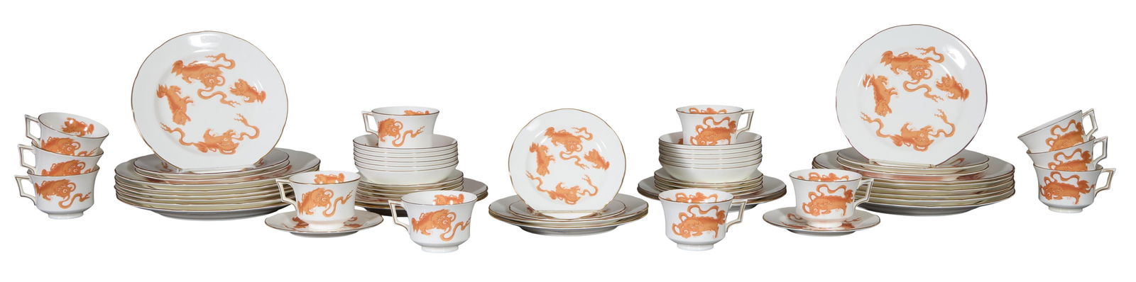 Sixty Piece Partial Set of Wedgwood Red Chinese Tiger Bone China, 20th c., Dinner- H.- 1 1/8 in.,: Sixty Piece Partial Set of Wedgwood Red Chinese Tiger Bone China, 20th c., consisting of twelve coffee cups, twelve saucers, twelve dinner plates, twelve salad plates, and twelve bread plates, Dinner-