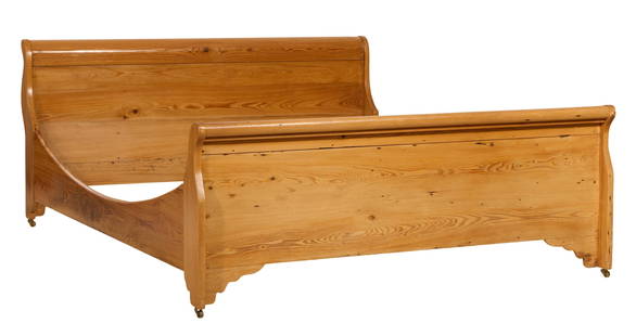 Louisiana Cypress California King Size Sleigh Bed, 20th c., New Orleans, H.- 39 1/2 in., W.- 78 in.,: Louisiana Cypress California King Size Sleigh Bed, 20th c., New Orleans, the scrolled headboard with lower panel, conforming footboard, shaped side rails, stepped bracket base on casters, H.- 39 1/2 i