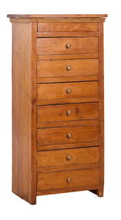 Louisiana Cypress Tall Chest of Drawers, 20th c., New Orleans, H.- 61 in., W.- 28 1/4 in., D.- 20: Louisiana Cypress Tall Chest of Drawers, 20th c., New Orleans, the rectangular top with moulded surround, shallow top frieze drawer over seven drawers, mushroom pulls, straight sides, H.- 61 in., W.-