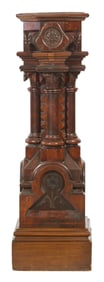 American Carved Walnut Architectural Pedestal, late 19th c., H.- 42 in., W.- 13 1/2 in., D.- 13 1/2