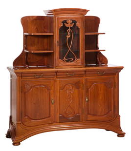 French Art Nouveau Cherry Server, early 20th c., H.- 67 3/4 in., W.- 59 in., D.- 19 in.: French Art Nouveau Cherry Server, early 20th c., the superstructure with arched bonnet top over central glazed door with dimensional floral carving, flanked by open shelves on each side, the base with