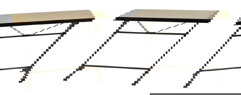 Pair of French Art Deco Wrought Iron Bistro Tables, early 20th c., Each- H.- 29 1/4 in., W.- 39 1/2: Pair of French Art Deco Wrought Iron Bistro Tables, early 20th c., the blonde laminate top with ebony laminate edge, on stretchered trestle form tapered wrought iron standards with stepped feet, Each-