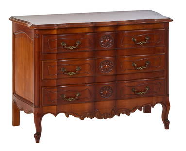 French Louis XV Style Serpentine Front Commode, 20th c., H.- 32 in., W.- 46 in., D.- 21 1/2 in.: French Louis XV Style Serpentine Front Commode, 20th c., the parquetry shaped moulded top over three conforming shell carved drawers, on scrolled cabriole legs joined by a foliate scrolled apron, H.-