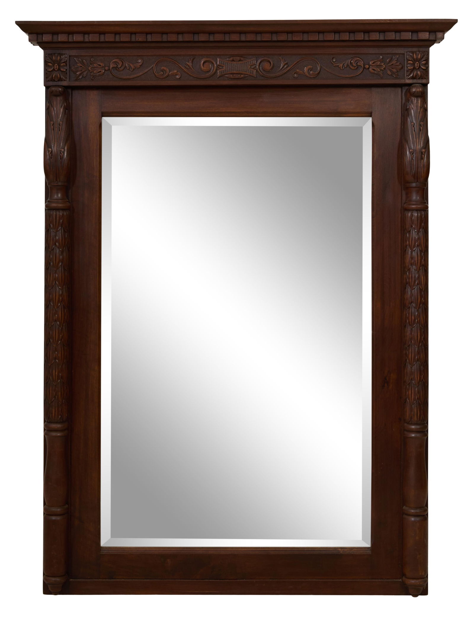 French Jacobean Style Carved Walnut Overmantel Mirror, c. 1880, H.- 59 in., W.- 44 1/2 in., D.- 5 (1 of 1)