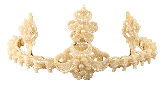 Exquisite Ornate 14K Yellow Gold Seed Pearl Tiara, 20th c., H.- 2 3/4 in., W.- 5 3/4 in., D.- 4 in.