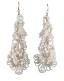 Pair of Elaborate and Ornate 18K Yellow Gold Seed Pearl Pendant Earrings, 19th c., Each- H.- 2 1/2
