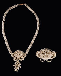 Two Pieces of 18K Yellow Gold Seed Pearl Jewelry, 20th c., Necklace- L.- 13 1/2 in.; Brooch- H.- 1: Two Pieces of 18K Yellow Gold Seed Pearl Jewelry, 20th c., consisting of a necklace with a pendant with mother of pearl backing, with a gold clasp; together with a seed pearl mounted brooch, with an 1