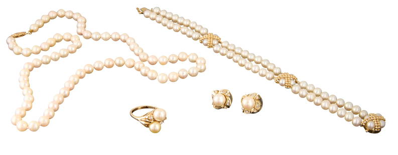 Five Pieces of 14K Yellow Gold and Pearl Jewelry, Necklace- L.- 19 in.; Bracelet- L.- 6 7/8 in.;: Five Pieces of 14K Yellow Gold and Pearl Jewelry, consisting of a 19-inch strand of 6 mm pearls; a double strand bracelet of 6 mm pearls with yellow gold and pearl spacers; a pair of pierced earrings,