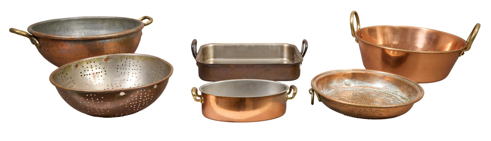 Six Pieces of French Copper Cookware, early 20th c., Largest Saucepan- H.- 8 1/2 in., D.- 16 3/8 in. (1 of 2)