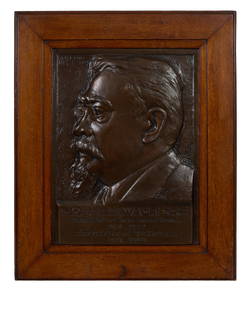 Commemorative Patinated Bronze Relief Plaque, early 20th c., Sight- H.- 19 in., W.- 14 in., Frame-: Commemorative Patinated Bronze Relief Plaque, early 20th c., of Joseph Wauters, Belgian Minister of Labor, presented in a wide oak frame, Sight- H.- 19 in., W.- 14 in., Frame- H.- 26.1/2 in., W.- 21