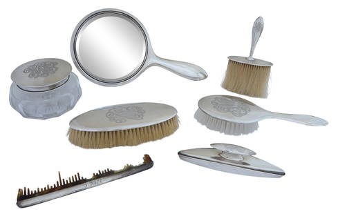Seven Piece Sterling Dresser Set, early 20th c., Hair Receiver- H.- 4 3/4 in., Dia.- 5 in. (7 Pcs.): Seven Piece Sterling Dresser Set, early 20th c., by International Silver, consisting of a hexagonal cut glass hair receiver, a hand mirror, a comb, a nail buffer and tray, a clothes brush, a