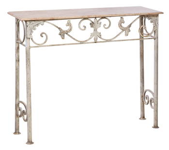 Creme Peinte Iron and Marble Console, 21st c., H.- 35 in., W.- 43 1/2 in., D.- 16 in.: Creme Peinte Iron and Marble Console, 21st c., the rectangular marble top over metal base with scrolls and applied foliate decoration, round tubular legs with penny feet joined by 'C' scrolled