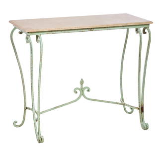 Vert Peinte Iron Marble Top Console Table, 21st c., H.- 34 1/2 in., W.- 40 1/2 in., D.- 18 1/4 in.: Vert Peinte Iron Marble Top Console Table, 21st c., the rectangular moulded marble top over scrolled legs joined by a finialed stretcher, H.- 34 1/2 in., W.- 40 1/2 in., D.- 18 1/4 in.
