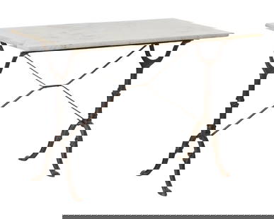 French Parisian Marble Top Cast Iron Bistro Table, 19th c., H.- 27 1/2 in., W.- 39 1/2 in., D.- 23: French Parisian Marble Top Cast Iron Bistro Table, 19th c., the rectangular marble top over a cast iron trestle form base with slipper feet, H.- 27 1/2 in., W.- 39 1/2 in., D.- 23 1/2 in.