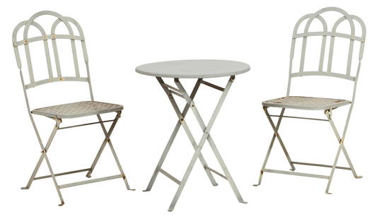 Three Piece Metal Folding Garden Set, 20th c., Table- H.- 28 in., Dia. 24 in.; Chairs- H.- 38 in.,: Three Piece Metal Folding Garden Set, 20th c., consisting of a cafe table; together with two side chairs with triple arched backs and lattice seats, Table- H.- 28 in., Dia. 24 in.; Chairs- H.- 38