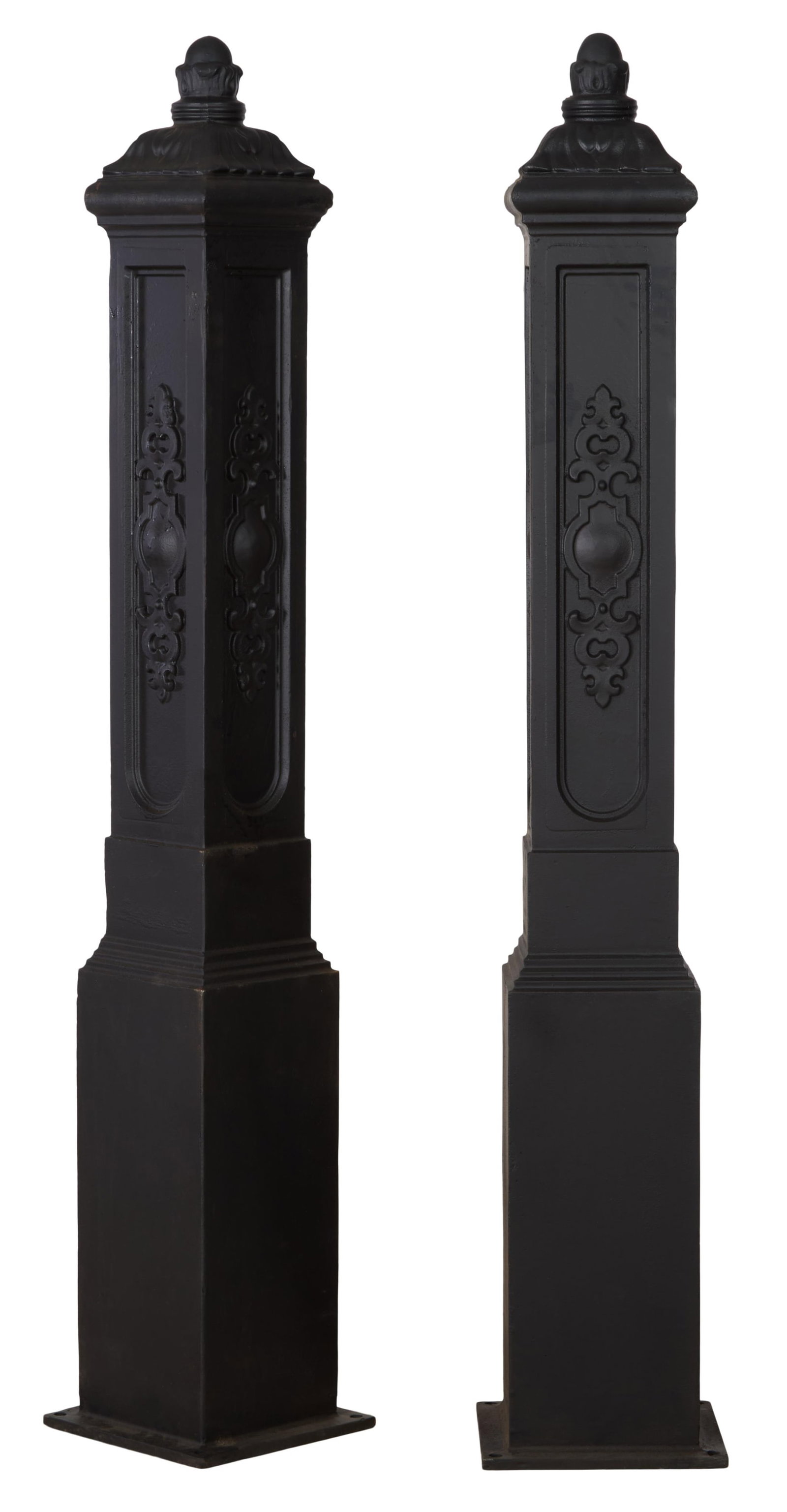 Pair of American Cast-Iron Garden District Style Gate Posts, 20th/21st c., Each- H.- 60 in., W.- 10: Pair of American Cast-Iron Garden District Style Gate Posts, 20th/21st c., the foliate nipple finials over acanthus square posts, strap work detailed posts, stepped plinth base, Each- H.- 60 in., W.- 