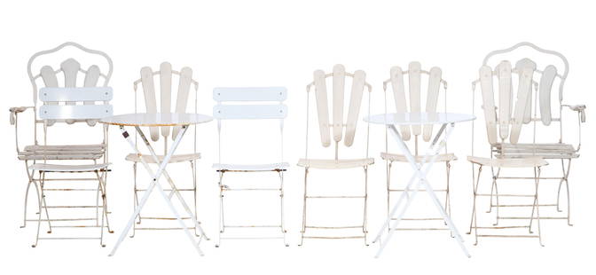 French Folding Cafe Seating Group, 20th c., Bistro Table- H.- 28 in., Dia.- 23 1/2 in. (10 Pcs.): French Folding Cafe Seating Group, 20th c., including two armchairs, six side chairs, and two bistro tables, two side chairs with slats, four with triple splats, armchairs with triple splats, metal