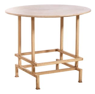Art Deco Inspired Round Marble Top Iron Table, 21st c., H.- 33 1/2 in., Dia.- 40 in.: Art Deco Inspired Round Marble Top Iron Table, 21st c., the moulded edge round marble top over patinated polychromed square tubular standards with square stretcher above angular stretchered legs, H.-