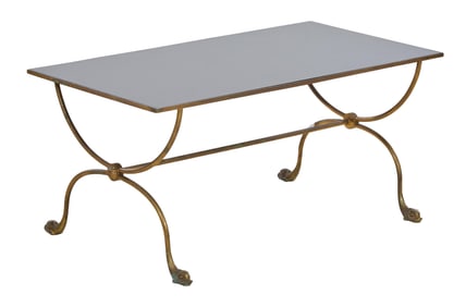 Italian Style Black Glass and Brass Coffee Table, 20th c., H.- 15 3/4 in., W.- 35 1/2 in., D.- 18