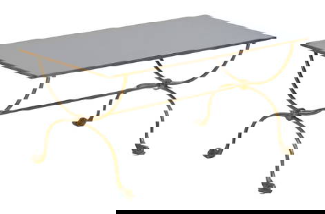 Italian Style Black Glass and Brass Coffee Table, 20th c., H.- 15 3/4 in., W.- 35 1/2 in., D.- 18: Italian Style Black Glass and Brass Coffee Table, 20th c., the inset black glass top in angle iron frame, stretchered and bossed curule form tubular base with dolphin feet, H.- 15 3/4 in., W.- 35 1/2