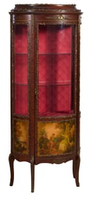 French Louis XV Style Ormolu Mounted Polychromed Vitrine, 20th c., H.- 65 in., W.- 27 in., D.- 14