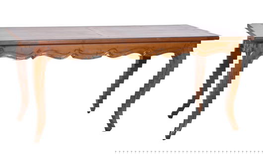 French Provincial Cherry Extension Dining Table, 20th c., H.- 29 3/4 in., W.- Closed- 70 3/4 in.,: French Provincial Cherry Extension Dining Table, 20th c., the parquetry top with two extensions, over cabriole legs joined by a spurred shaped apron, H.- 29 3/4 in., W.- Closed- 70 3/4 in., Open- 105