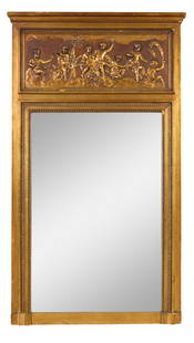 French Louis XVI Style Giltwood and Gesso Trumeau Mirror, 19th c., H.- 54 1/2 in., W.- 31 1/2 in.: French Louis XVI Style Giltwood and Gesso Trumeau Mirror, 19th c., the restrained cornice over relief panel of playful putti with lamb's tongue surround, mirror with lamb's tongue and beaded inner lin