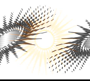 Contemporary Metal Starburst Mirror, 21st c., Dia.- 29 in.: Contemporary Metal Starburst Mirror, 21st c., the leaf form rays radiating from beads, surrounded bezel set mirror, Dia.- 29 in.