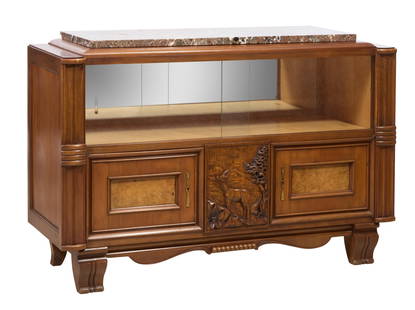 French Art Deco Marble Top Carved Walnut Bar Console, early 20th c., H.- 39 in., W.- 59 in., D.- 20: French Art Deco Marble Top Carved Walnut Bar Console, early 20th c., the reserved thick marble top with moulded surround above a sliding glass door cabinet with mirrored back, two lower doors with a c
