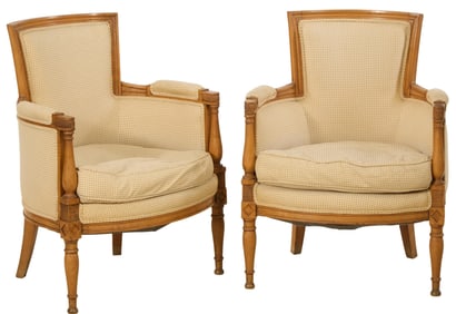 Pair of French Directoire Style Carved Beech Bergeres, mid 19th c., Each- H.- 33 in., W.- 25 in., D.
