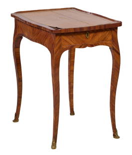 French Louis XV Style Leather Top Parquetry Kingwood Side Table, late 19th c., H.- 28 in., W- 26: French Louis XV Style Leather Top Parquetry Kingwood Side Table, late 19th c., the partially galleried gilt embossed leather top over frieze drawer on short side, cabriole legs with sabot, H.- 28 in.,