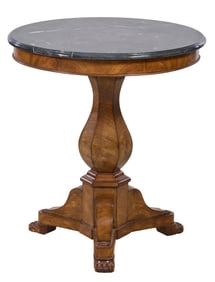 French Louis Philippe Marble Top Walnut Gueridon, mid 19th c., H.- 27 in., Dia.- 24 in.