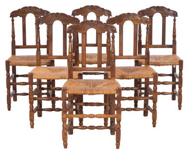 Set of Six French Provincial Beech Dining Chairs, 20th c., Each- H.- 37 in., W.- 18 in., D.- 15 in.: Set of Six French Provincial Beech Dining Chairs, 20th c., the arched scrolling crest over two straight spats, ring turned reverse tapered bulbous stiles, rush seat, on turned and blocked legs with bu