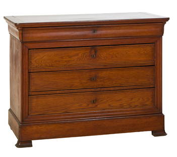French Louis Philippe String Inlaid Oak Commode, mid 19th c., H.- 35 1/2 in., W.- 48 in., D.- 22 1/4: French Louis Philippe String Inlaid Oak Commode, mid 19th c., shaped top over cyma frieze drawer, to three lower drawers with moulded surround, on flared feet, H.- 35 1/2 in., W.- 48 in., D.- 22 1/4 i