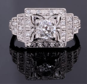 Platinum Art Deco Diamond Ring, Total Diamond Wt.- app. 0.85 carat, Size- 5.