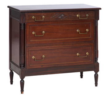 French Directoire Style Walnut. Commode, 20th c., H.- 36 in., W.- 38 1/2 in., D.- 19 in.: French Directoire Style Walnut. Commode, 20th c., the rectangular top over a setback frieze drawer with diamond and sunburst decoration, above two setback lower deep drawers flanked by ring turned