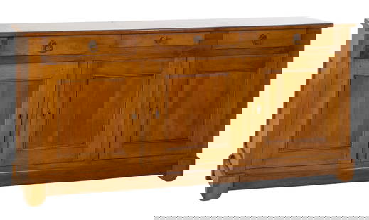 French Louis Philippe Cherry Sideboard, 20th c., H.- 36 1/2 in., W.- 75 in., D.- 21 in.: French Louis Philippe Cherry Sideboard, 20th c., the rectangular top over three drawers, above three lower cabinet doors, on a plinth form base with tapered rounded legs, H.- 36 1/2 in., W.- 75 in.,