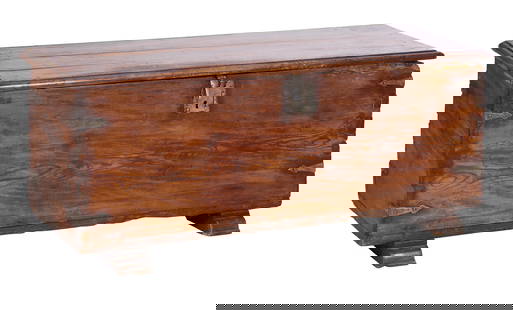 French Charles II Style Pine Coffer, 18th c., H.- 22 in., W.- 53 in., D.- 21 in.: French Charles II Style Pine Coffer, 18th c., the moulded hinged top over dovetailed body with iron corner point brackets, on sloped runner feet, H.- 22 in., W.- 53 in., D.- 21 in.