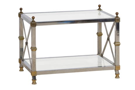 Maison Jansen Style Brass Chrome and Glass Coffee Table, 20th c., H.- 22 in., W.- 29 1/4 in., D.- 21: Maison Jansen Style Brass Chrome and Glass Coffee Table, 20th c., inset glass top in finialed square chrome frame, conforming lower stretcher shelf, 'X' form side supports, on shaped feet, H.- 22