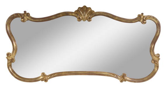 French Louis XV Style Giltwood Buffet Mirror, 20th c., H.- 33 1/2 in., W.- 67 in.: French Louis XV Style Giltwood Buffet Mirror, 20th c., the shell carved crest over acanthus scroll surround, H.- 33 1/2 in., W.- 67 in.