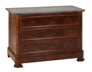 French Louis Philippe Marble Top Walnut Commode, mid 19th c., H.- 29 1/4 in., W.- 42 1/2 in., D.- 22: French Louis Philippe Marble Top Walnut Commode, mid 19th c., the fossilized black marble top with canted corners, over a conforming case with three drawers, the lowest deeper behind false base, on