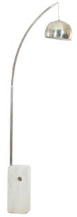 Flos Arco Style Stainless and Marble Arc Floor Lamp, 20th c., H.- 95 in., W.- 40 in., D.- 10 in.: Flos Arco Style Stainless and Marble Arc Floor Lamp, 20th c., the bowl shaped lamp shade on a squared arched stainless steel standard, white marble block base with chamfered corners, H.- 95 in., W.- 4