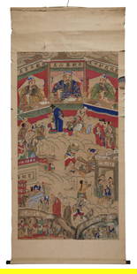 Chinese School (Qing Dynasty, 1644-1912), "Kings of Hell Scroll," 19th c., H.- 58 1/2 in., W.- 31: Chinese School (Qing Dynasty, 1644-1912), "Kings of Hell Scroll," 19th c., ink and color on paper, depicting three of the ten kings of hell overseeing various implements of torture, verso with