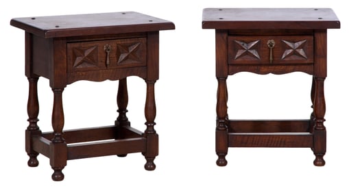 Pair of French Provincial Style Carved Oak Nightstands, 20th/21st c., Each- H.- 18 in., W.- 19 1/2