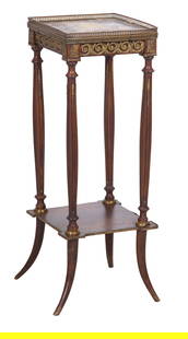 French Louis XVI Style Ormolu Mounted Marble Top Pedestal, 20th c., H.- 33 in., W.- 12 in., D.- 12: French Louis XVI Style Ormolu Mounted Marble Top Pedestal, 20th c., the pierced brass gallery surrounding inset marble top, mounted apron and blocks, fluted reverse tapered legs, with a shaped stretch
