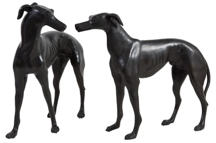 Pair Life Size Bronze Sporting Whippet Dogs, 20th c., Taller- H.- 21 in., W.- 20 in. D.- 10 in. (2