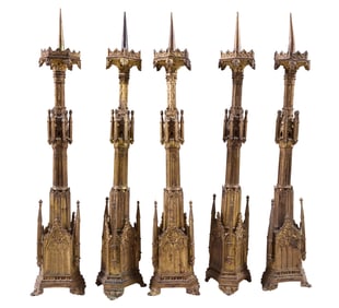 Group of Five Gothic Gilt Bronze Pricket Church Altar Candlesticks, 19th c., Each- H.- 28 3/4 in.,