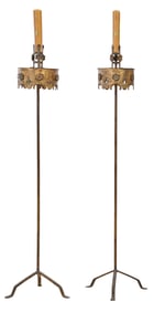 Pair of Brass Plated iron Church Altar Floor Candle Stands, 20th c., Each- H.- 69 1/2 in., Dia.- 15