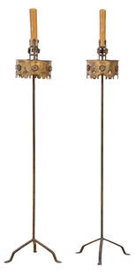 Pair of Brass Plated iron Church Altar Floor Candle Stands, 20th c., Each- H.- 69 1/2 in., Dia.- 15: Pair of Brass Plated iron Church Altar Floor Candle Stands, 20th c., the single faux candlelight on a large brass bobeche with applied relief flowers and cross cutouts, on an iron rod support to